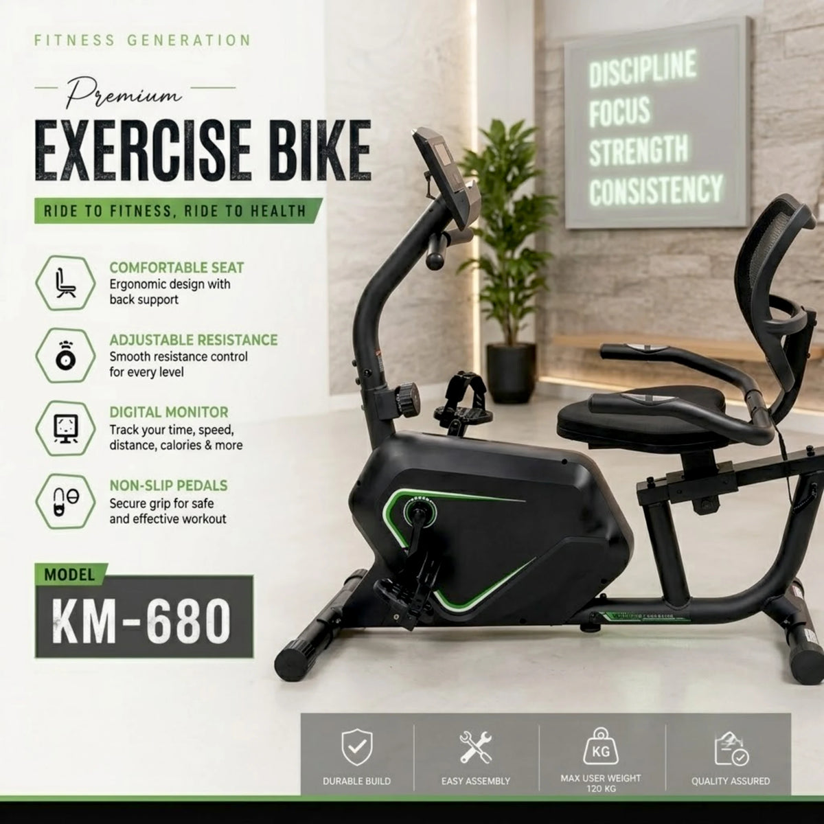 Goldstar Exercise Bike KM-680 | Back Support Seat | Digital Monitor | 120KG Capacity