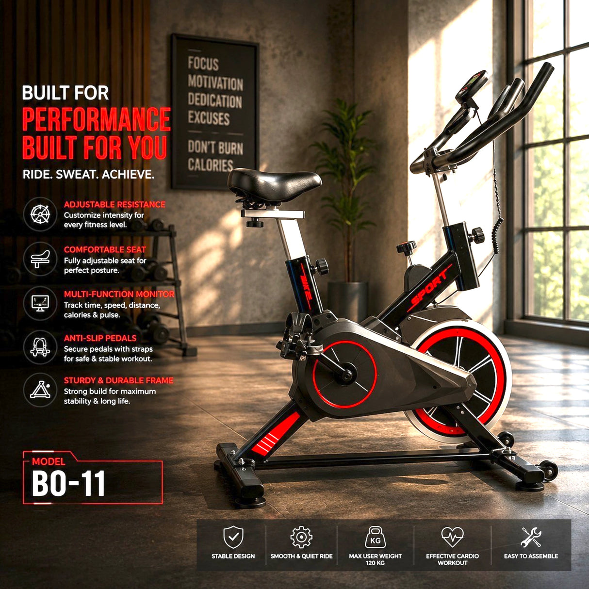 Indoor Spin Bike BO-11 | Sturdy Frame | Multi-Function Monitor | Cardio Fitness Equipment