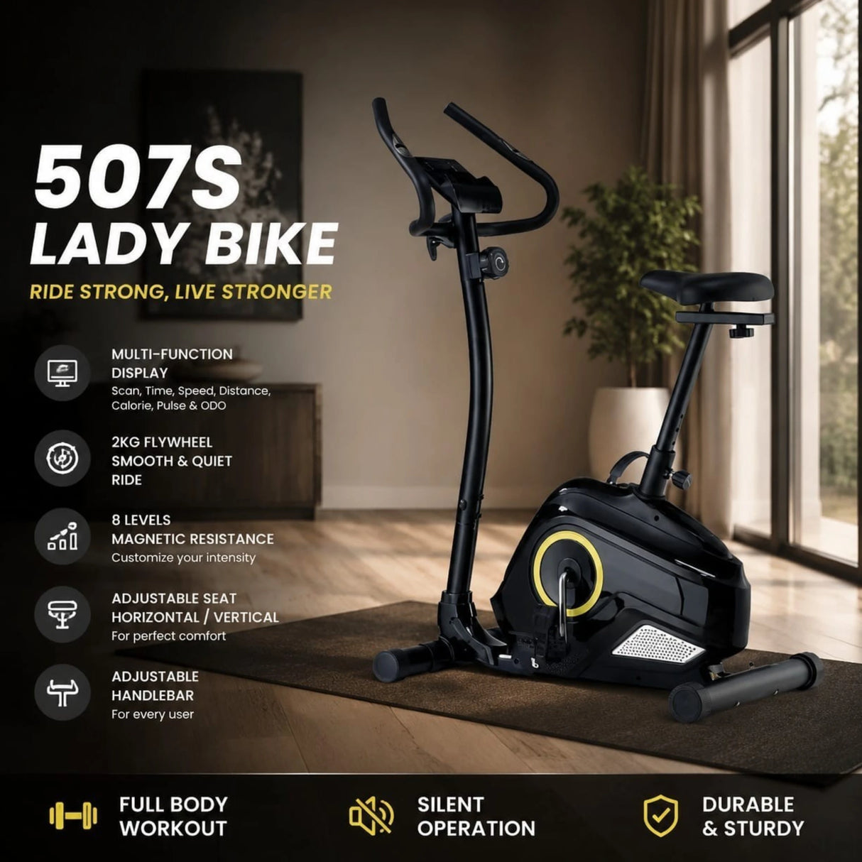 Lady Exercise Bike 507S | Silent & Smooth | Adjustable Seat & Handlebar | Cardio Fitness Bike