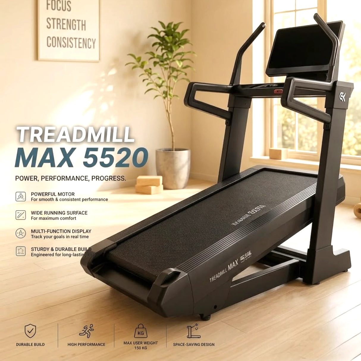 Treadmill MAX 5520 | Powerful Motor | Wide Running Surface | 150KG | High Performance Home Gym