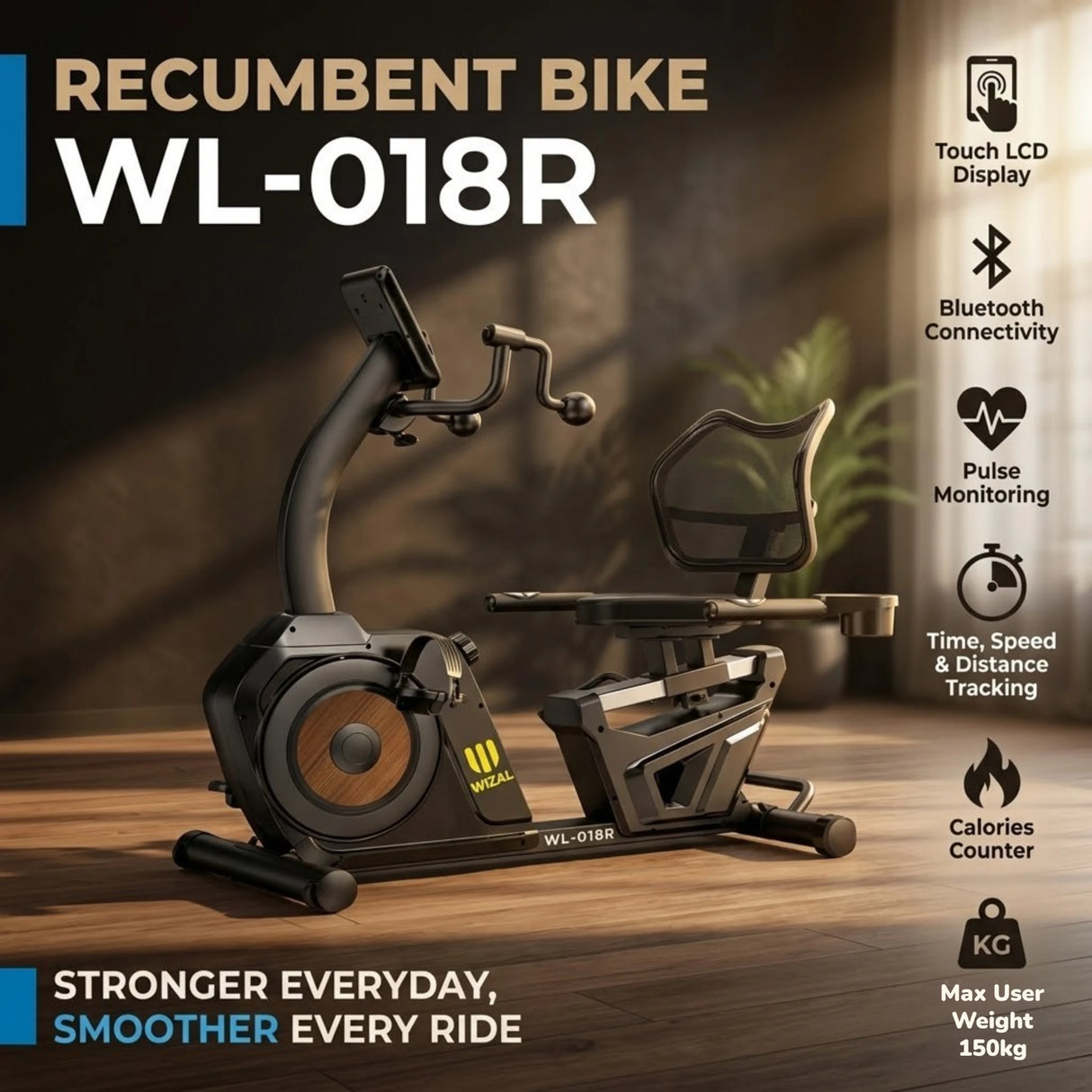 Wizal Recumbent Bike WL-018R | Bluetooth | Touch LCD | Pulse Monitor | 150KG | Home Gym