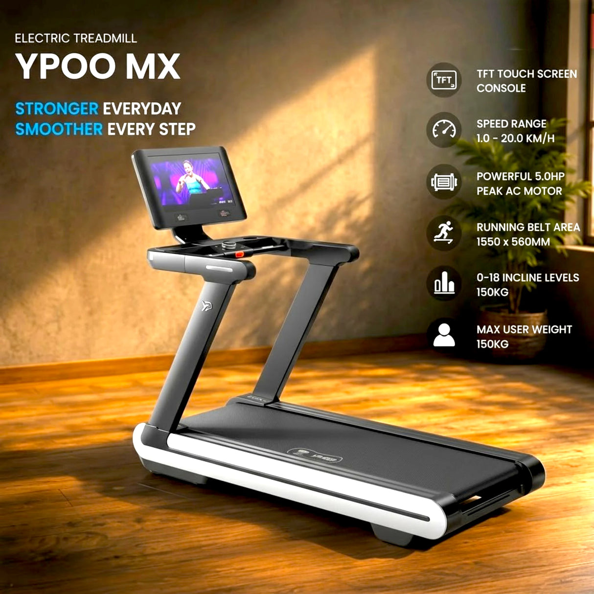 YPOO MX Electric Treadmill | 5.0HP AC Motor | TFT Touch Screen | 20 KM/H | 18 Incline | 150KG