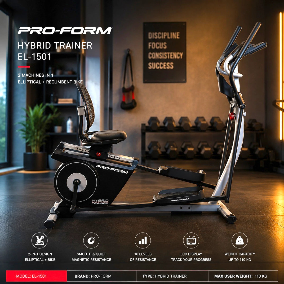 PRO-FORM EL-1501 2-in-1 Elliptical + Recumbent Bike - Magnetic Resistance, LCD Display, 110 KG Capacity