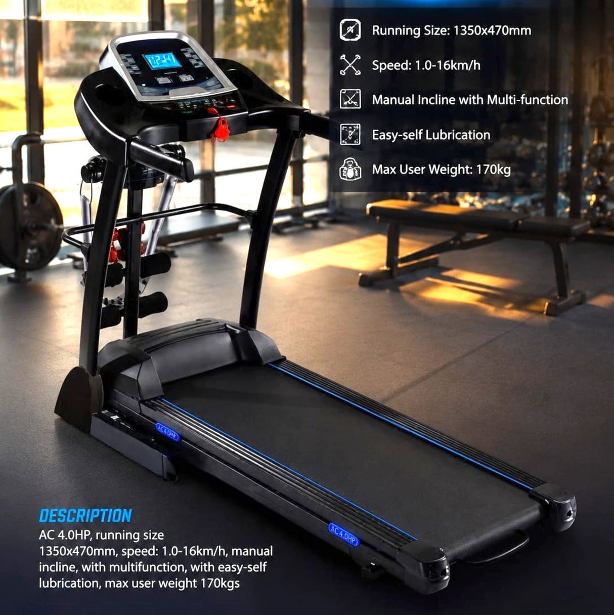 Heavy Duty Treadmill AC 4.0HP | 170KG Max Weight | Manual Incline | Self Lubrication | Home Gym