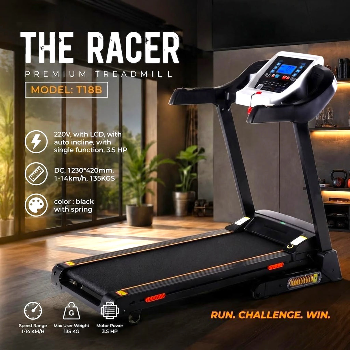 Electric Treadmill Racer T18B | 3.5HP DC Motor | Auto Incline | LCD Display | 135KG | Home Gym