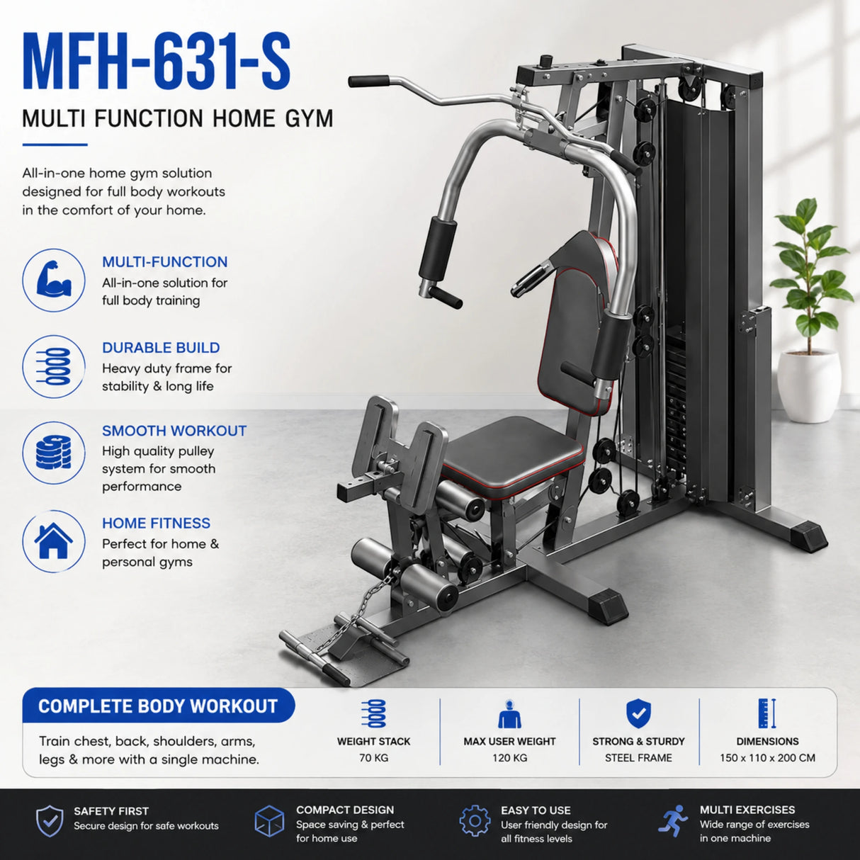 MFH-631-S Multi Function Home Gym Machine with Weight Stack | All-in-One Home Fitness Station