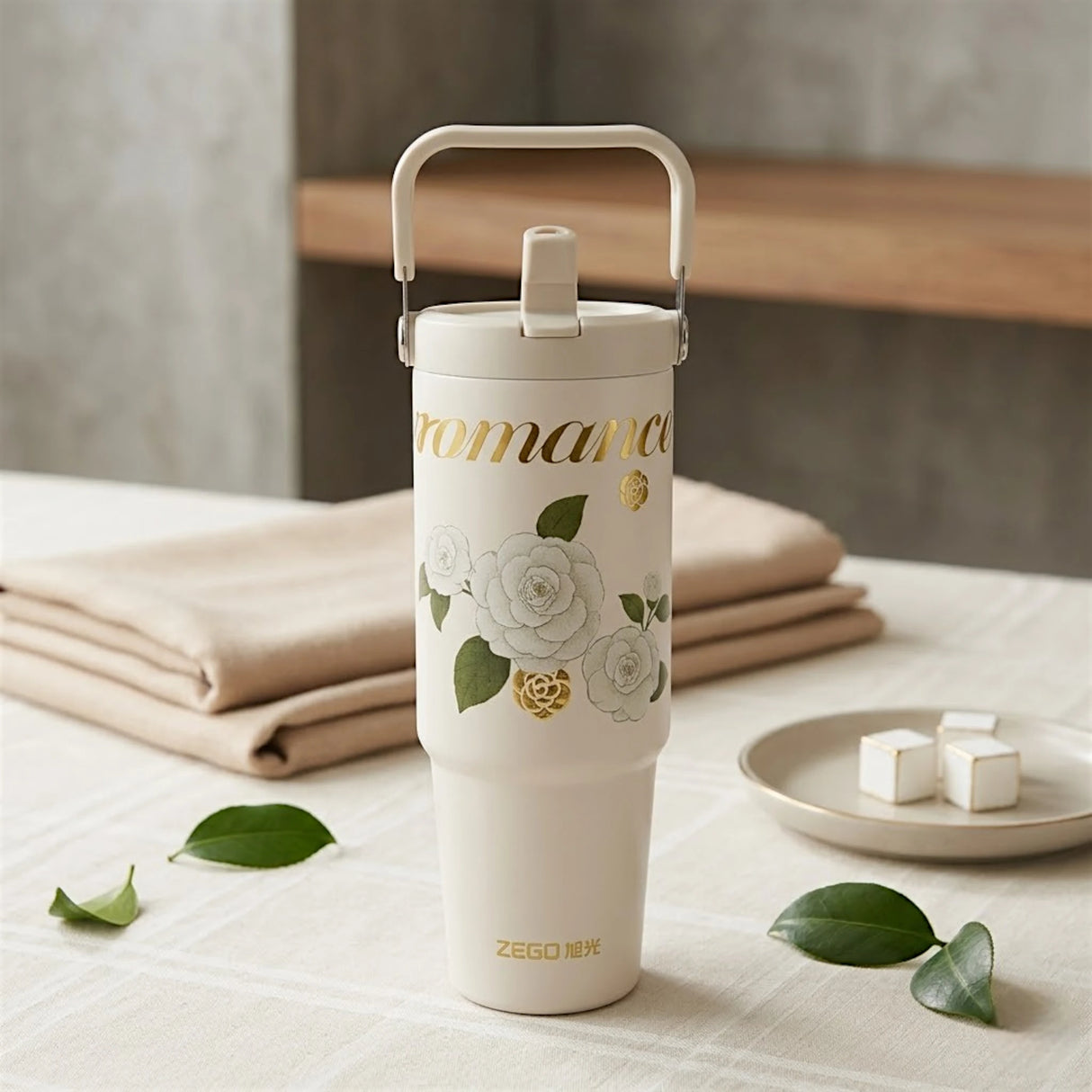 tumbler cup stainless steel cream white rose floral print 800ml 40oz china 8289