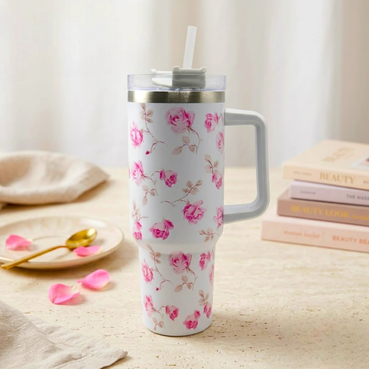 tumbler cup stainless steel white pink rose floral print 1.2l 40oz china 1200-3d