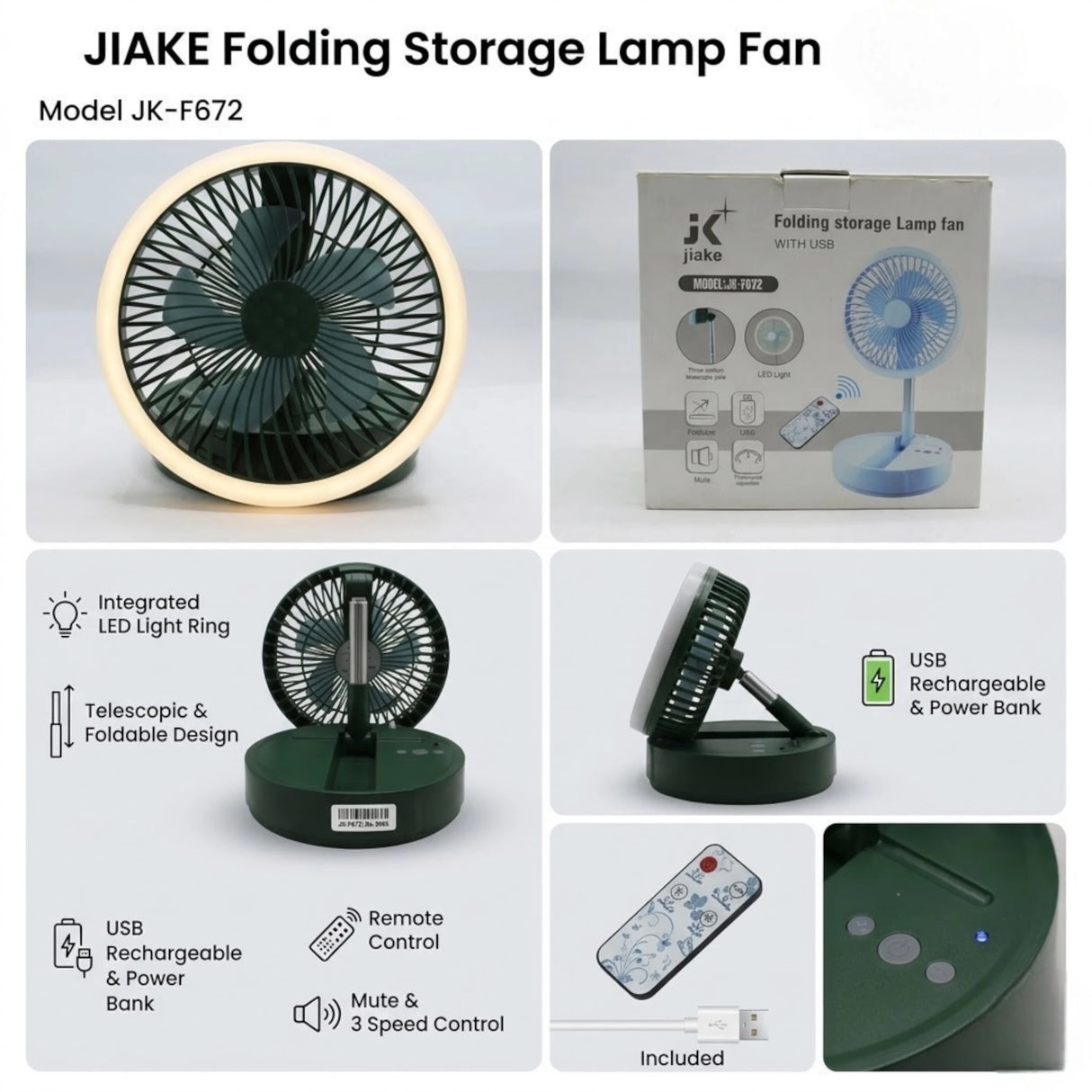 JIAKE FOLDING STORAGE LAMP FAN - TELESCOPIC RECHARGEABLE DESKTOP FAN WITH LED LIGHT RING & REMOTE CONTROL