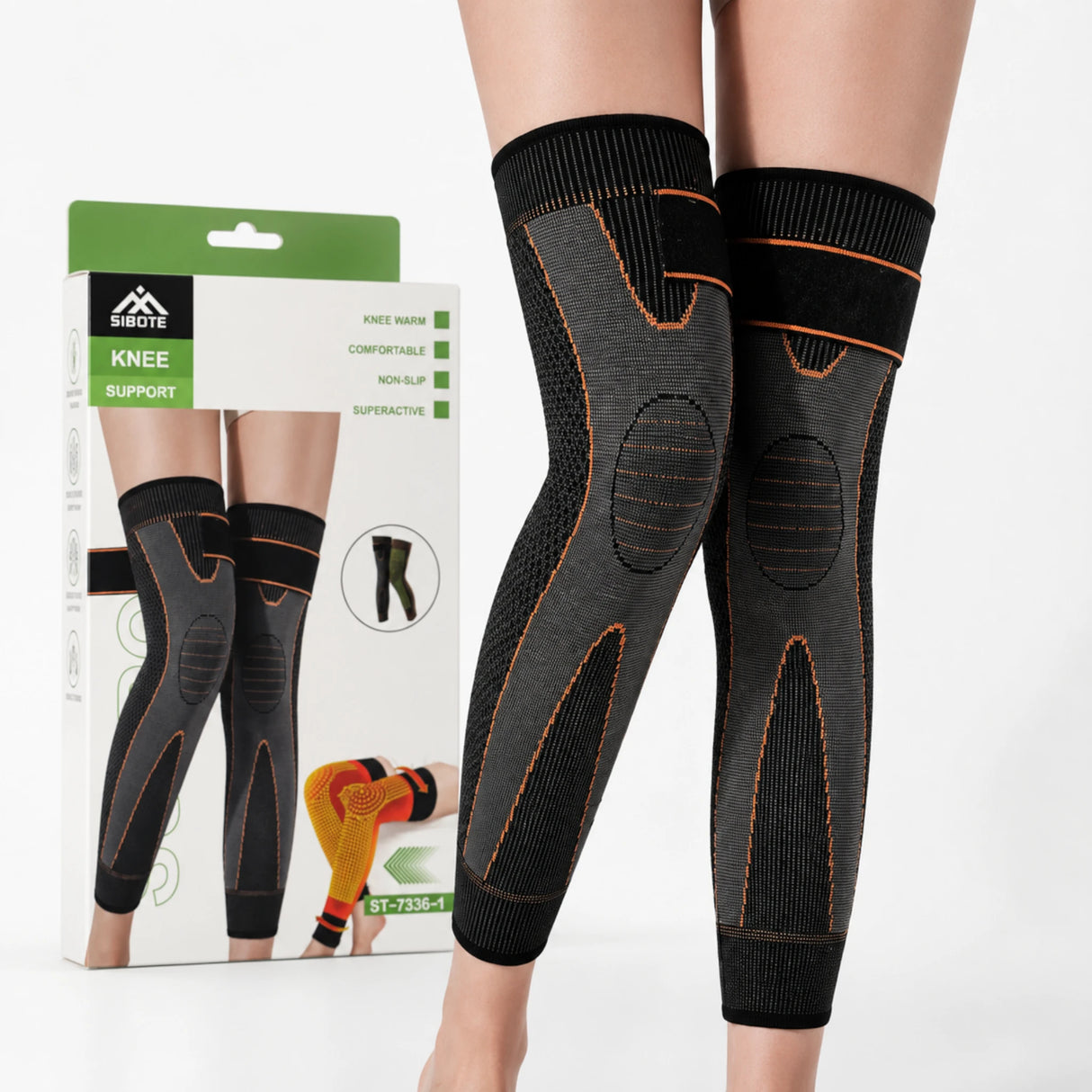 SIBOTE Long Compression Knee Support Sleeves Non-Slip Thermal Warm Knee Braces with Adjustable Straps