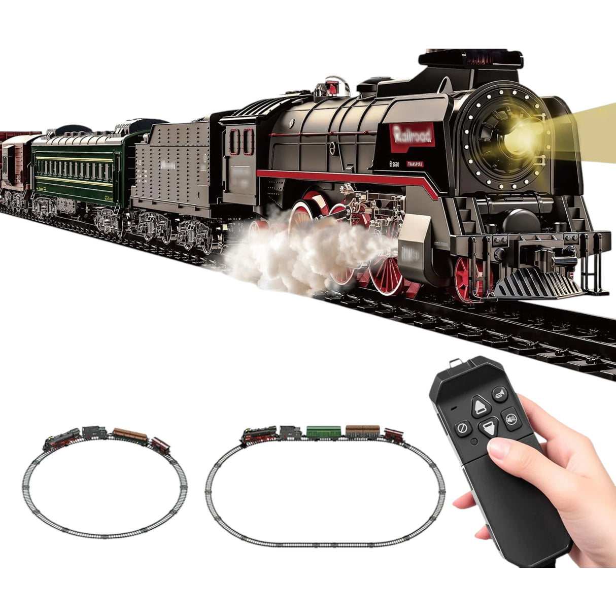 remote control track train set chargeable with music , lights , spray & usb 185x99cm