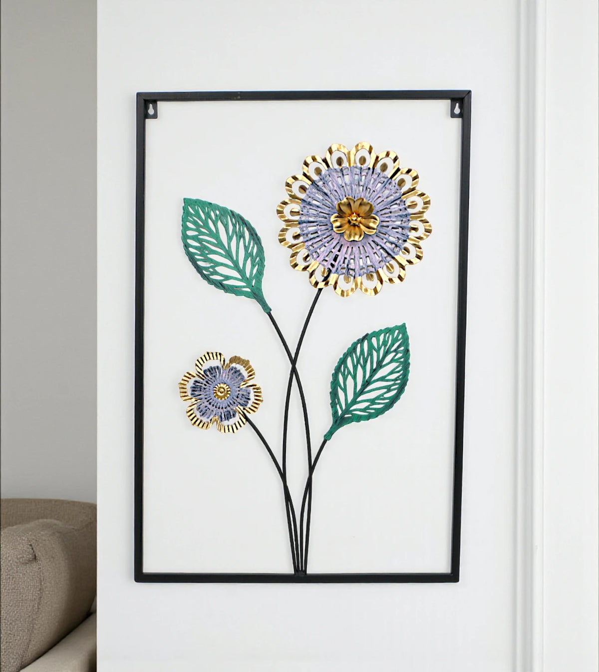 metal wall hanging rectangle 2 flower & leaf china 23.5x15.6