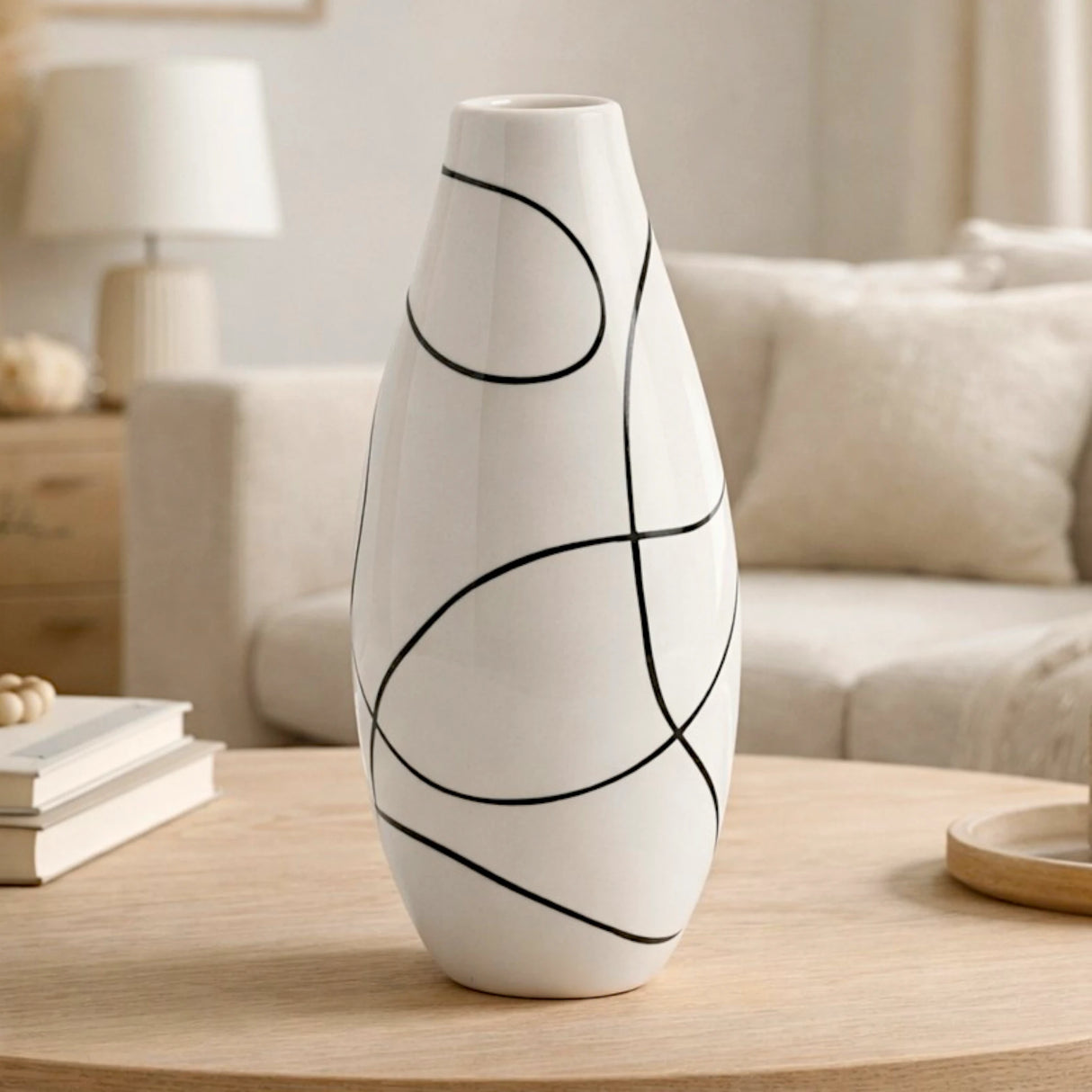ceramic vase textured white base with black abstract lines large 12"x6" china