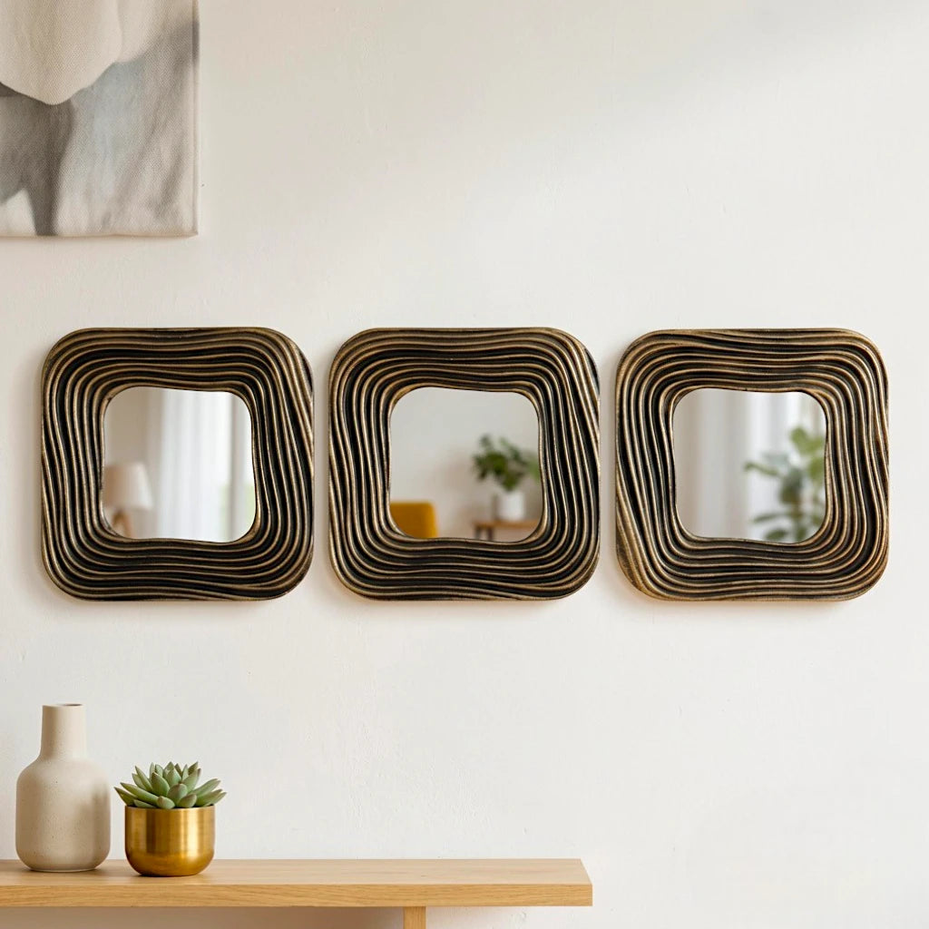 wall mirror resin black gold wavy ripple frame square set of 3 30''x10'' china