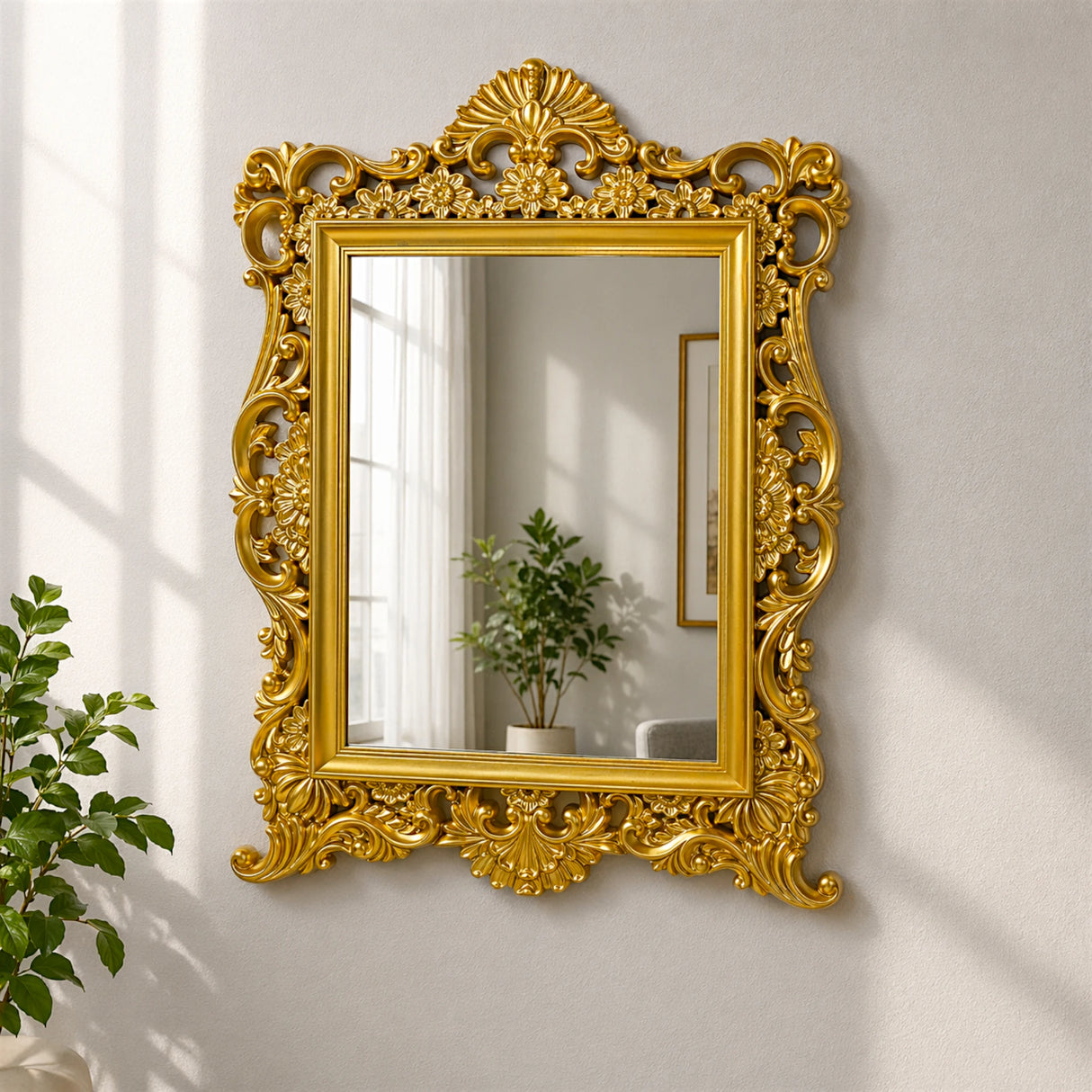 wall mirror resin gold baroque floral scrollwork open filigree frame rectangle 32''x24'' china