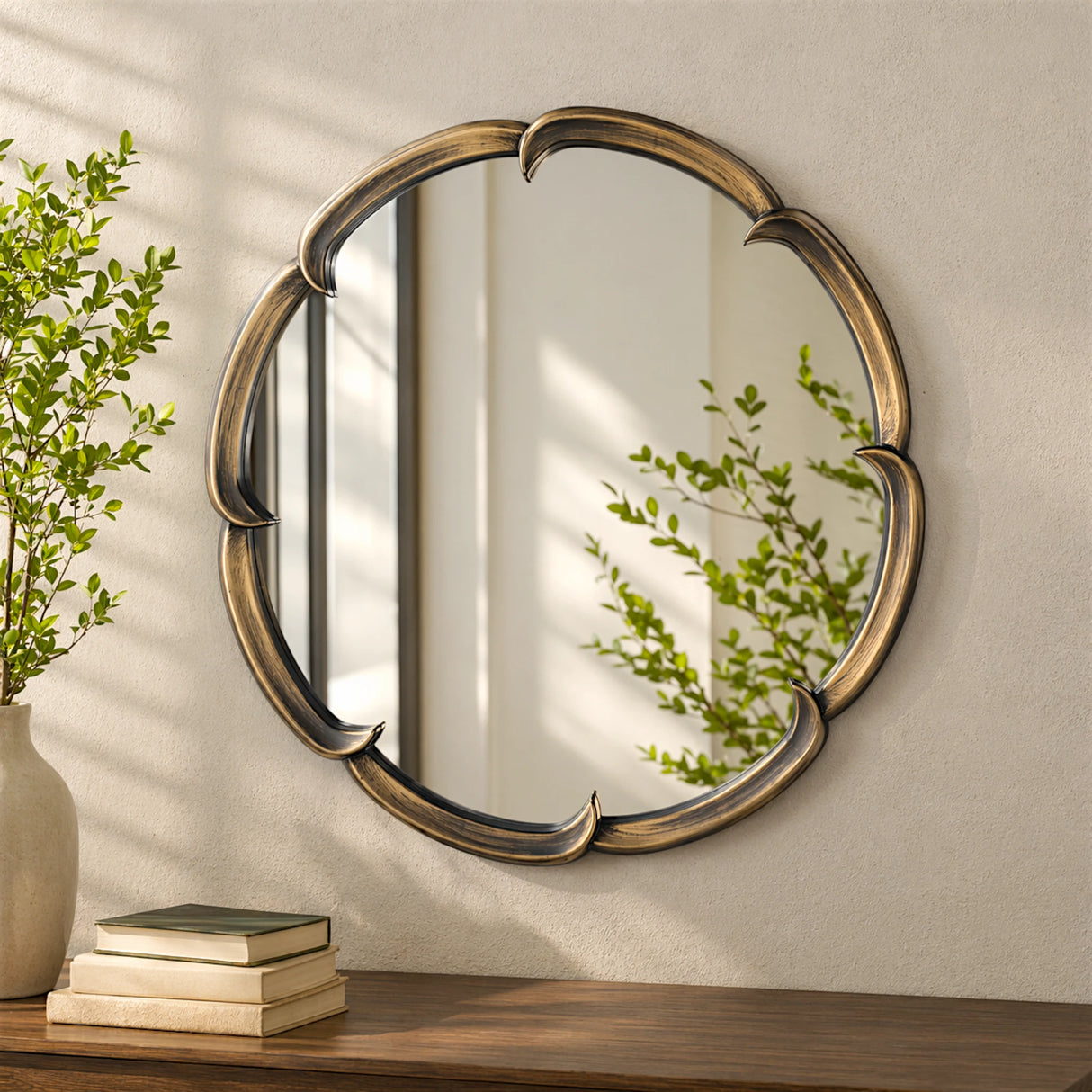 wall mirror resin bronze gold petal scallop curved frame round 25''x25'' china