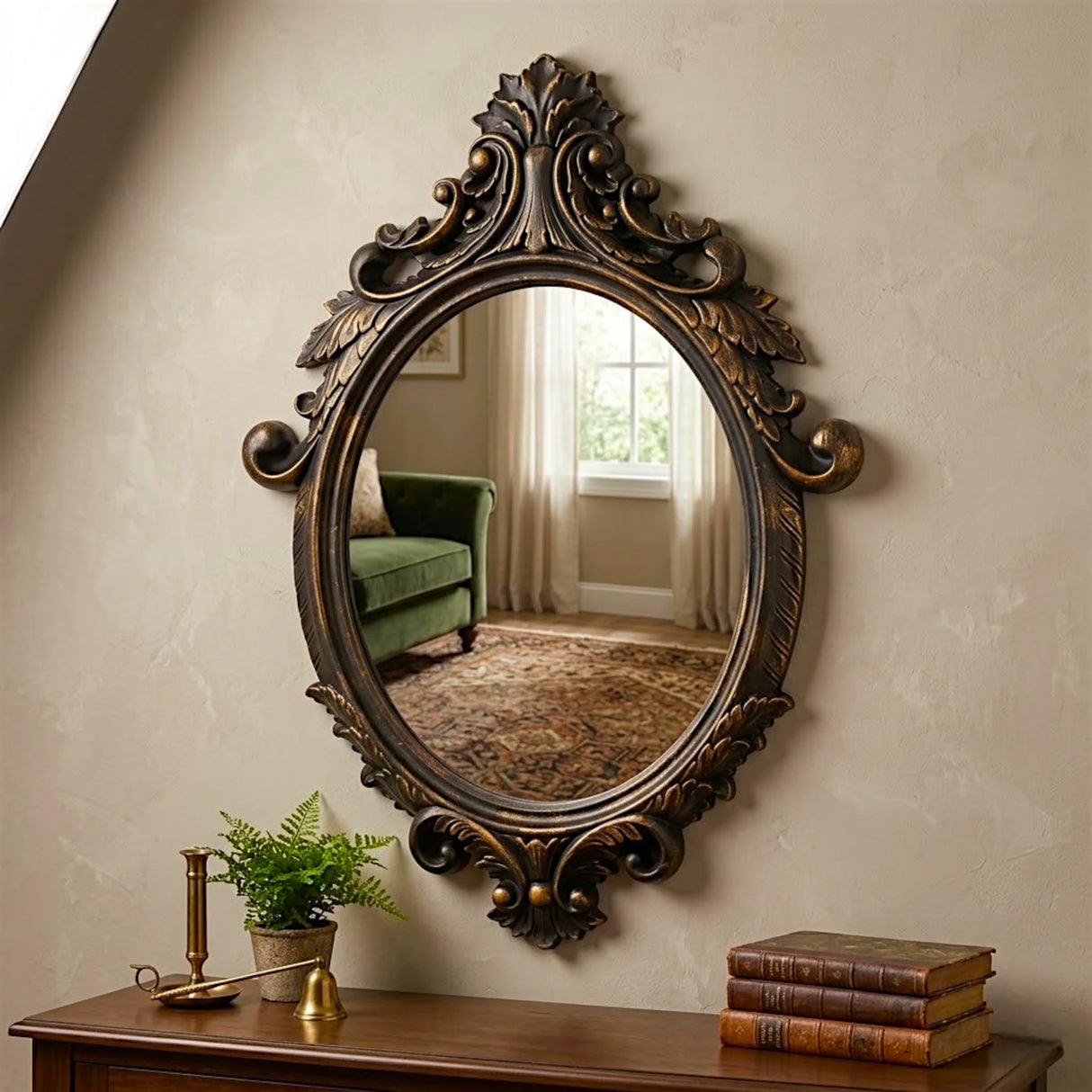wall mirror resin bronze black baroque acanthus scrollwork carved frame oval 32''x18'' china