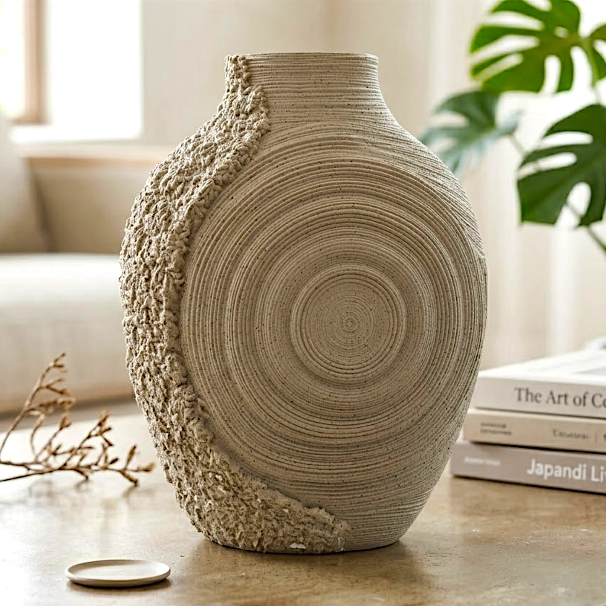 decorative oval spiral ring dual texture vase ceramic beige color 9"x12" china