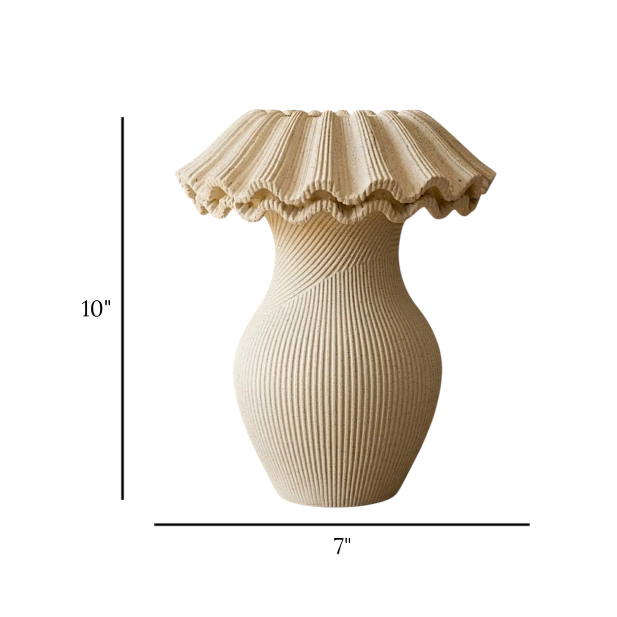 decorative fluted ruffle rim ribbed body vase ceramic beige color 7"x10" china