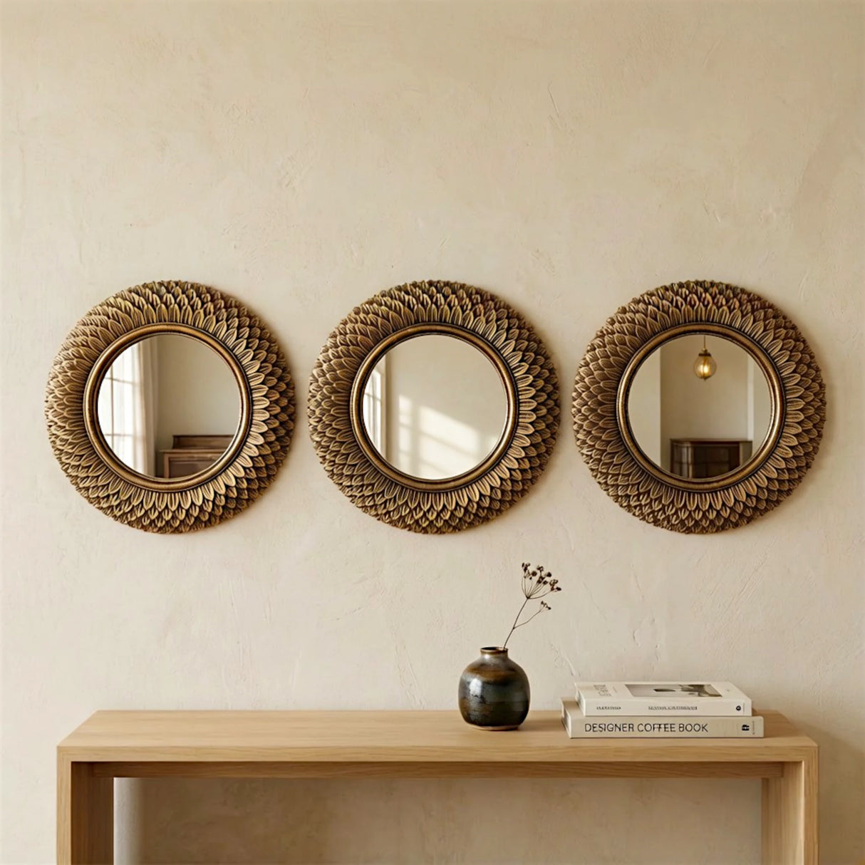 decorative round feather petal wall mirror set of 3 resin frame antique gold color 10''x10'' china