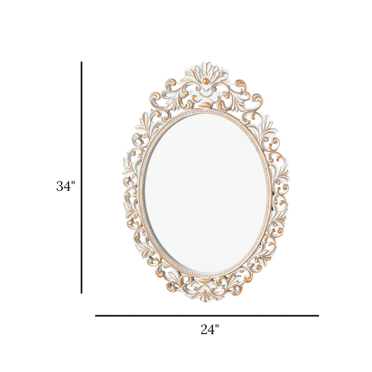 baroque ornate carved oval wall mirror resin frame antique white & gold color 34"x24" china