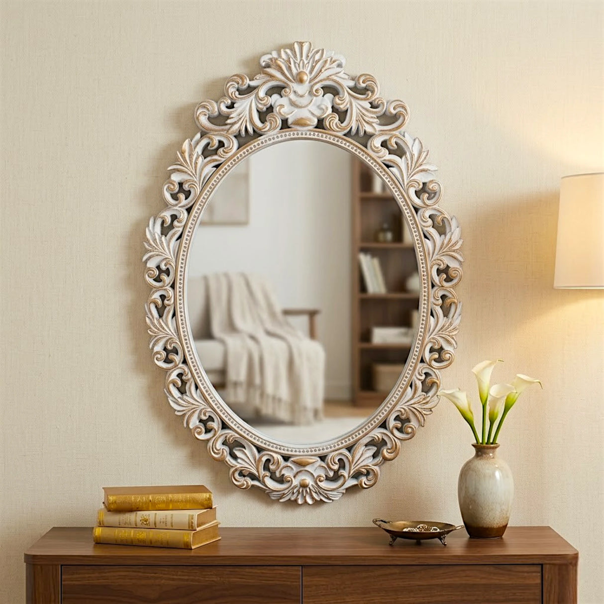 baroque ornate carved oval wall mirror resin frame antique white & gold color 34"x24" china