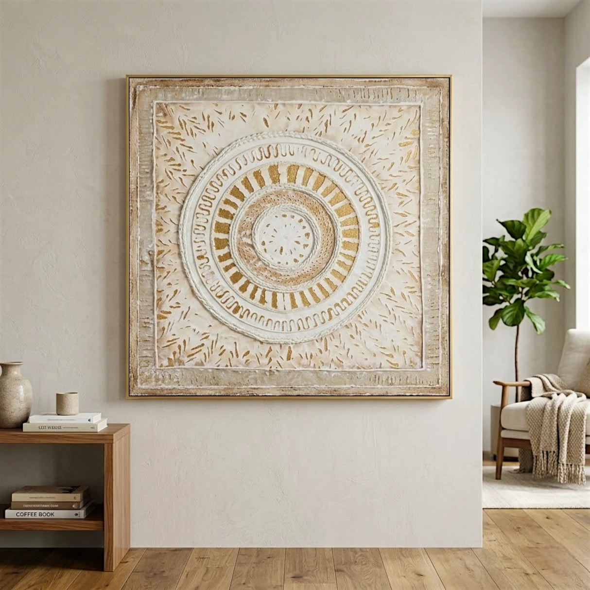 abstract 3d mandala medallion textured framed canvas wall art white & gold color 40.5"x40.5'' china