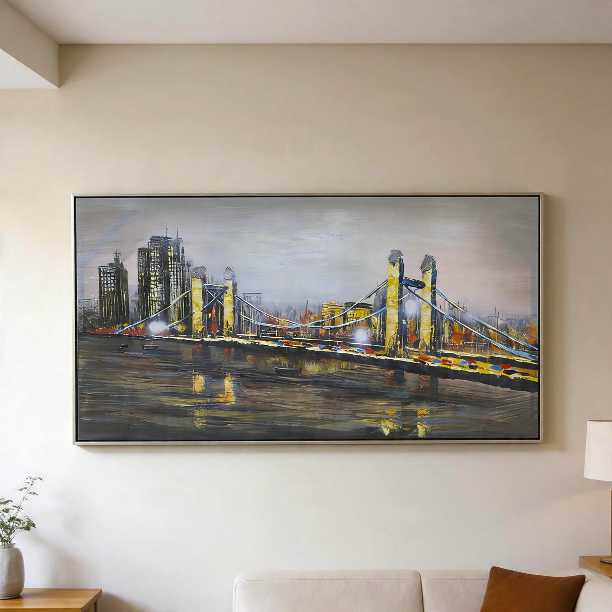 city bridge skyline hand painted framed canvas wall art canvas gray & yellow color 28.5''x56'' china