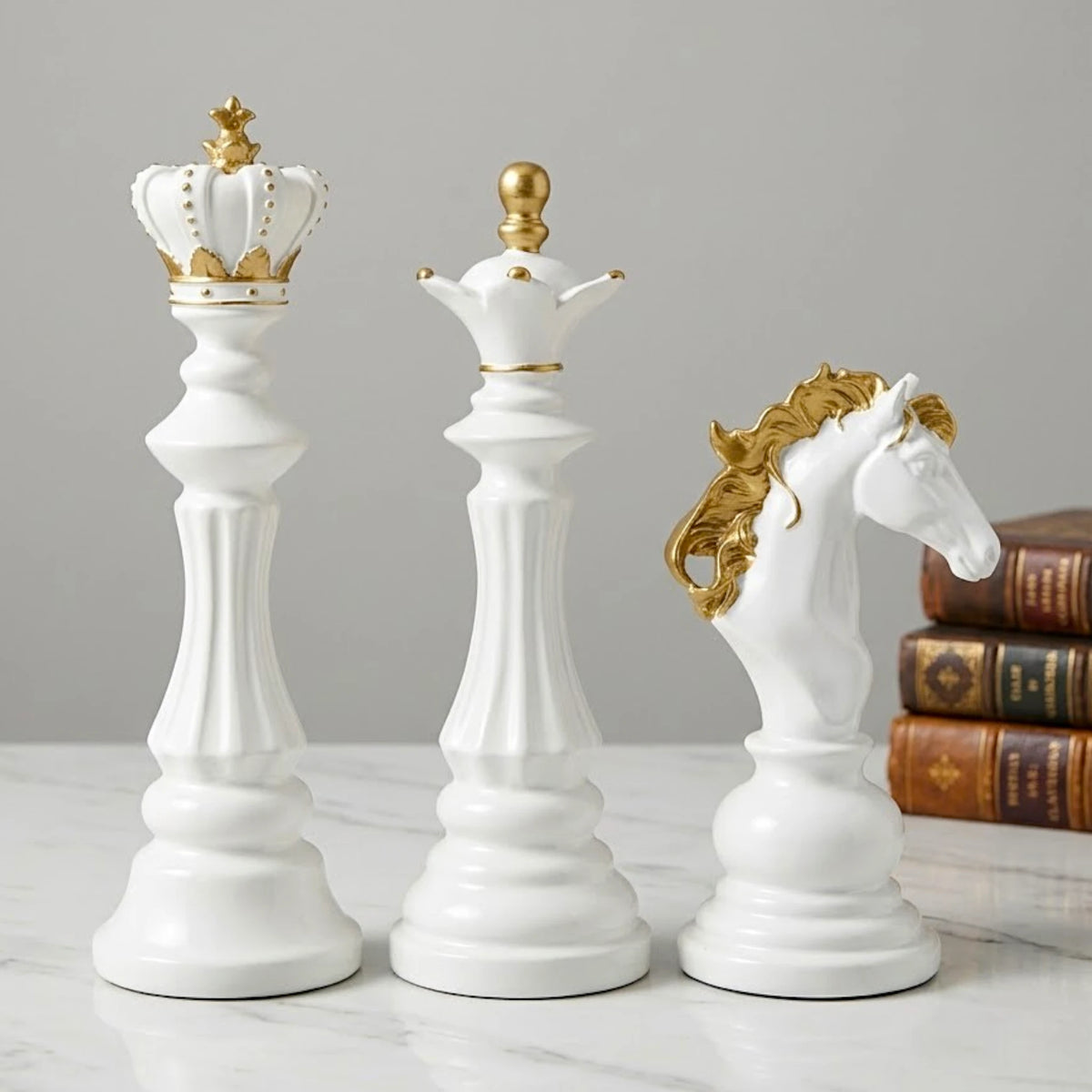 statue chess piece 3pc set white & golden 11''x8'' china