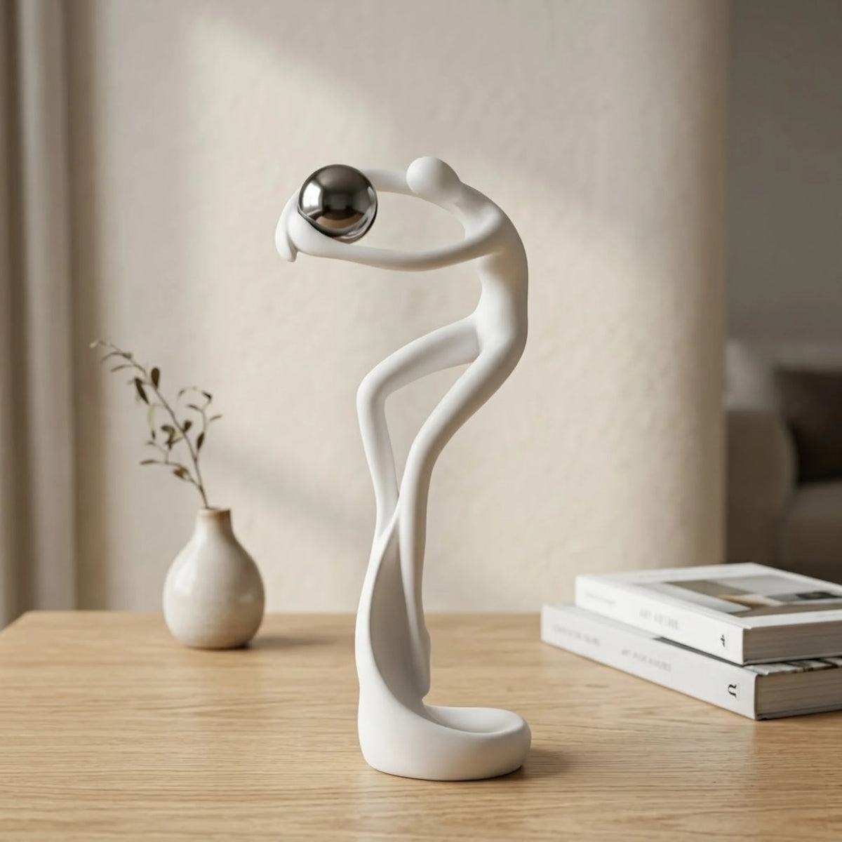 statue dancing figure holding metal ball white 10"x3" china