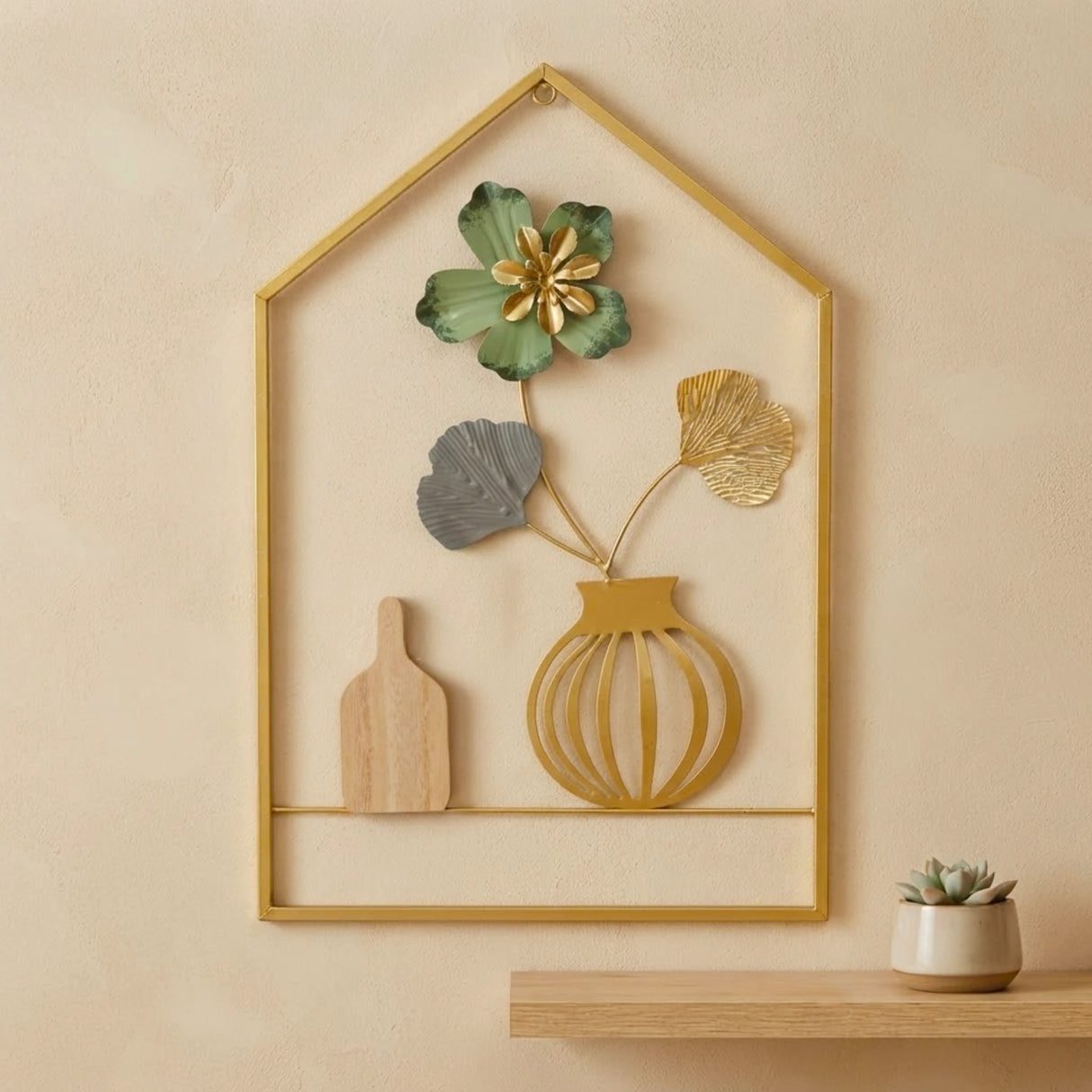 metal wall frame 1 flower 2 leaves 1 wooden vase 1 metal vase pentagonal golden 16"x12" china