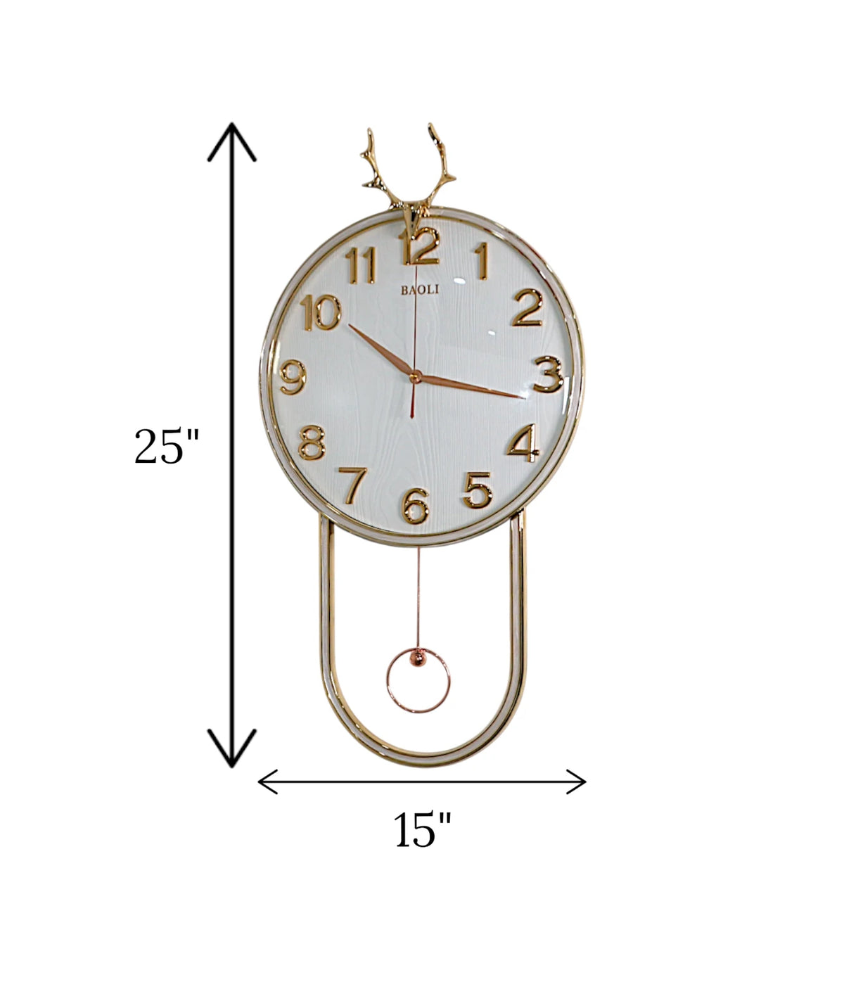 wall clock with golden deer & pendulum white china "25x15"