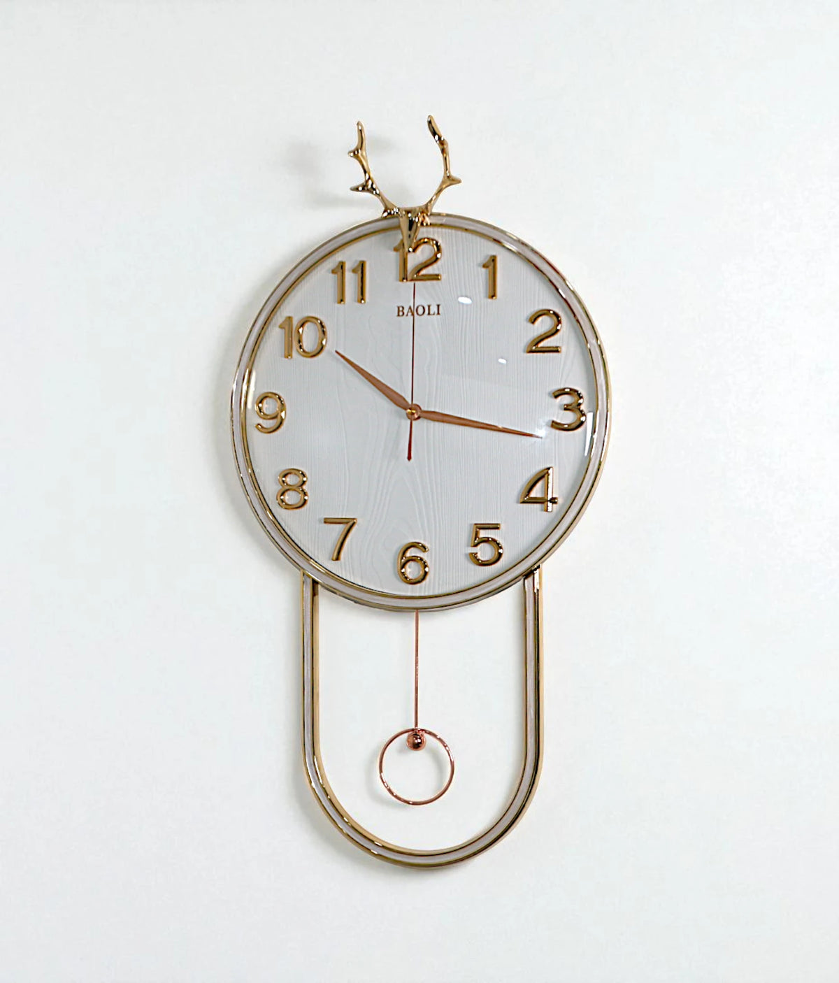wall clock with golden deer & pendulum white china "25x15"