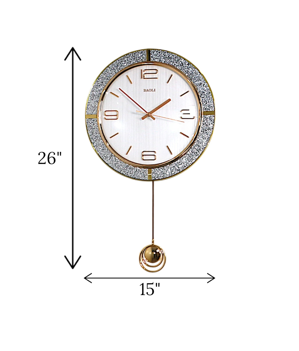 wall clock with pendulum white & golden glitter china "26x15"