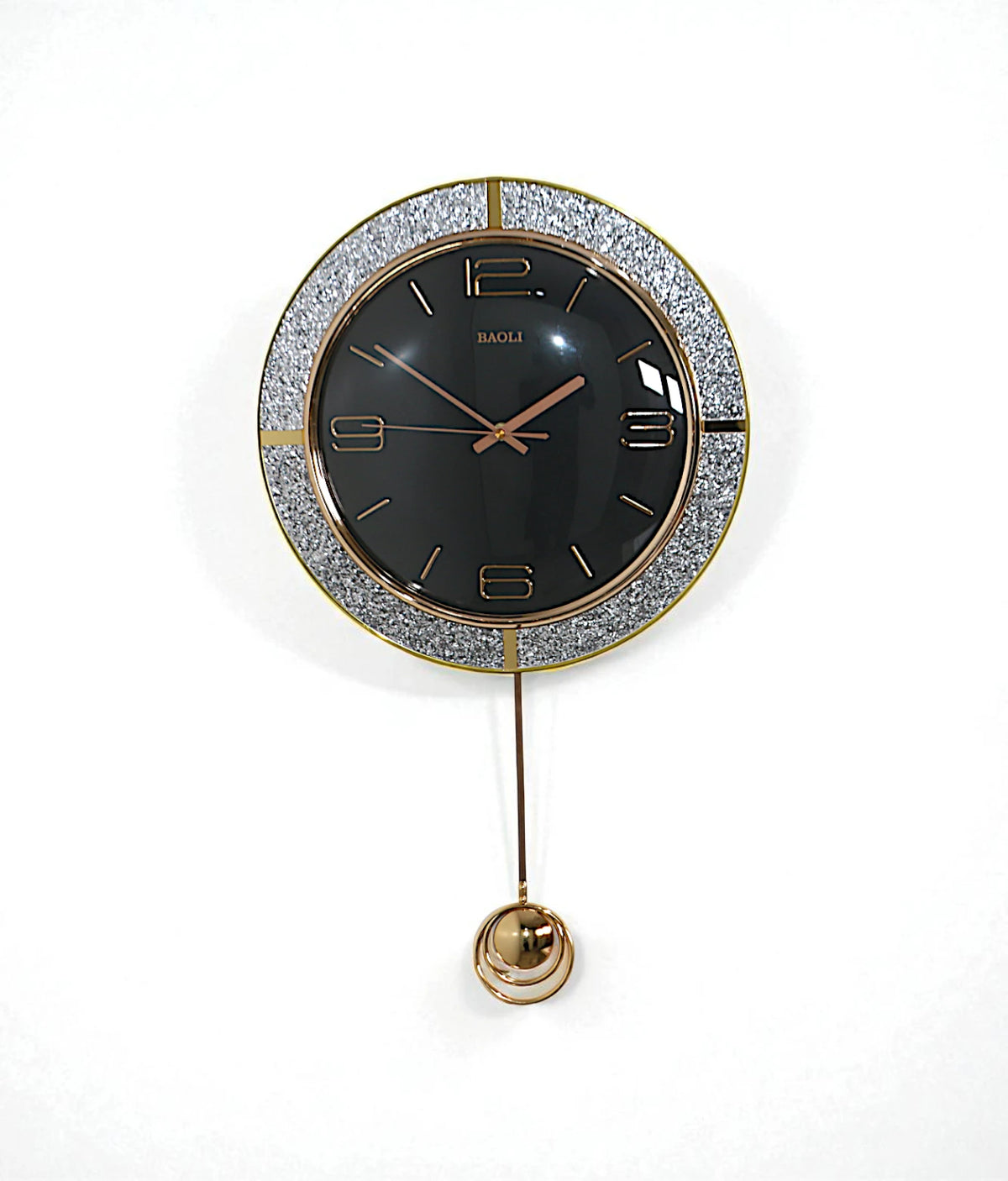 wall clock with pendulum black & golden glitter china "26x15"