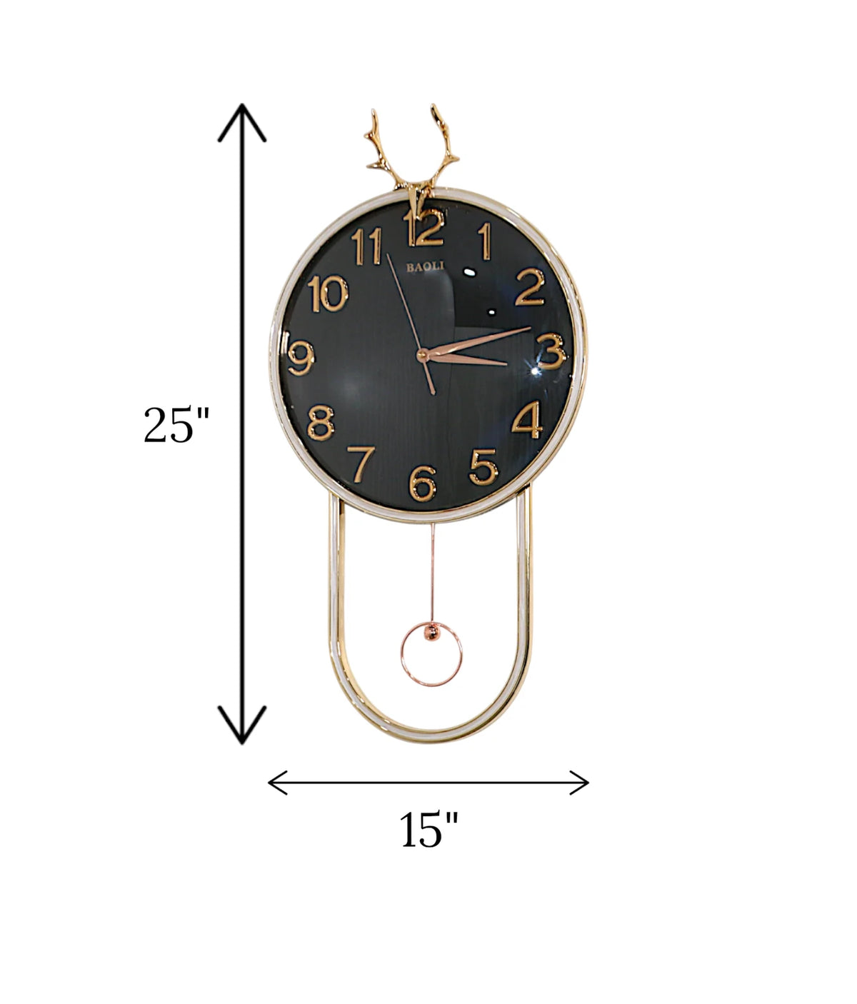wall clock with golden deer & pendulum black china "25x15"