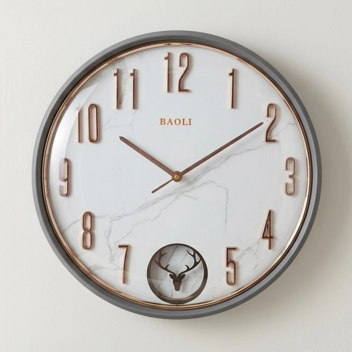 fancy wall clock with pendulam grey & white 14"x14" china