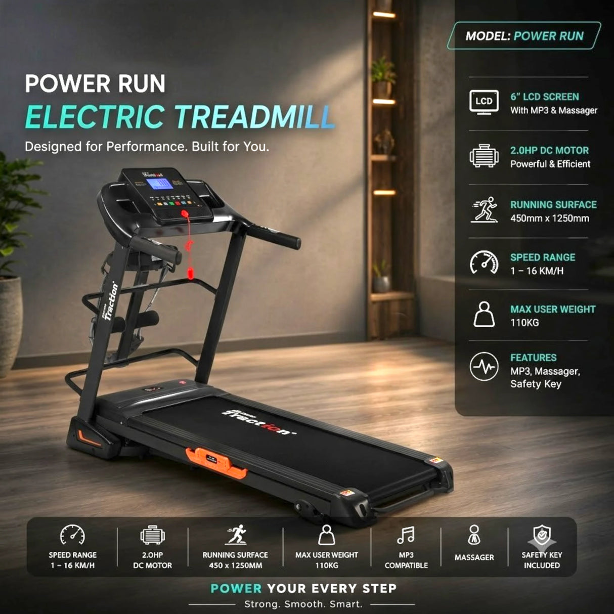 Power Run Electric Treadmill | 2.0HP Motor | 16 KM/H | MP3 & Massager | Home Gym Pakistan