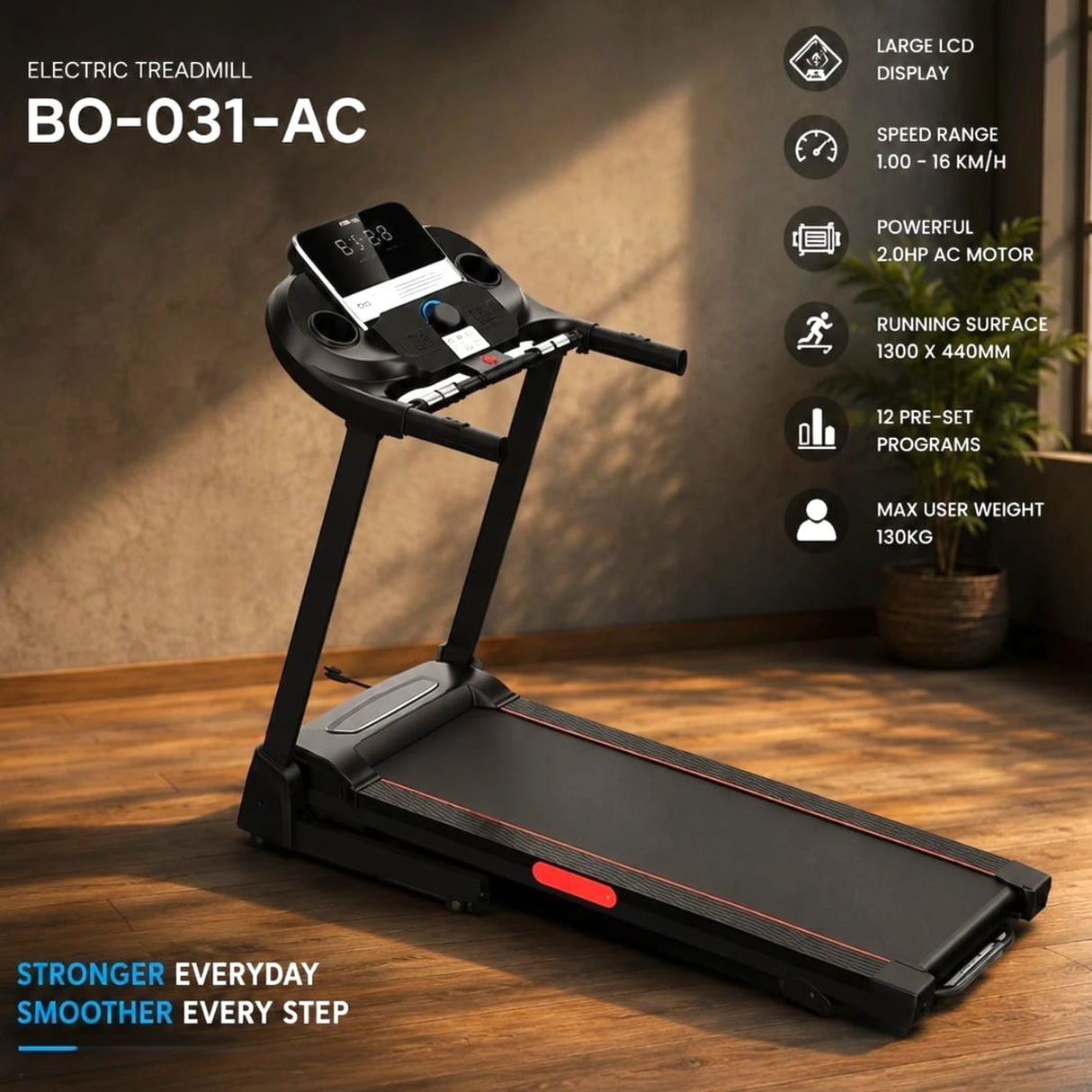 Electric Treadmill BO-031-AC | Large LCD Display | 1-16 KM/H | 130KG Max Weight