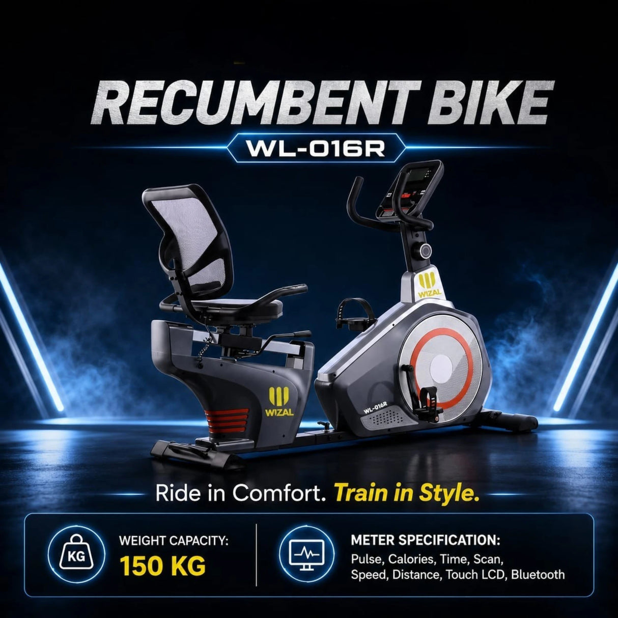 Wizal Recumbent Bike WL-016R | Bluetooth | Touch LCD | Pulse & Calorie Tracker | 150KG