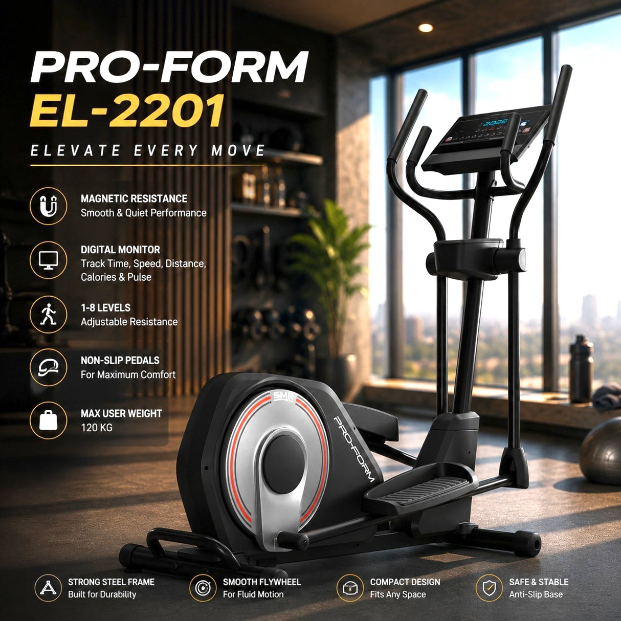 Elliptical Trainer EL-2201 | Magnetic Resistance | Smooth Flywheel | Compact Design | 120KG