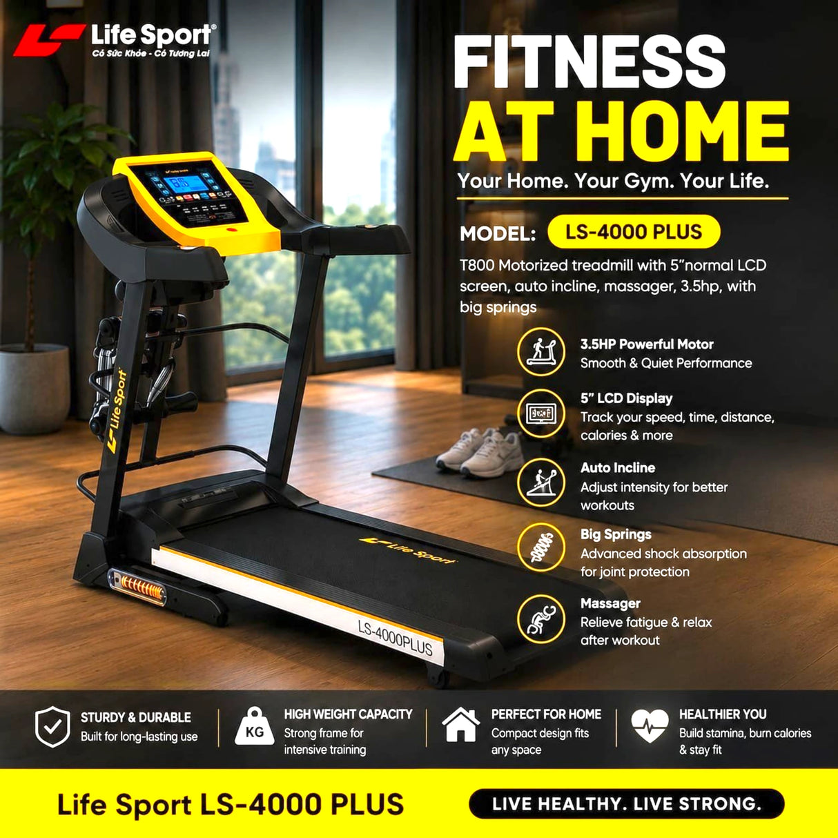 Life Sport Motorized Treadmill LS-4000 Plus | Auto Incline | Big Spring Absorption | Massager
