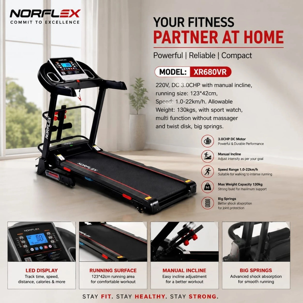 Norflex Treadmill XR680VR | 3.0HP DC Motor | 22 KM/H | Manual Incline | Spring Shock | 130KG
