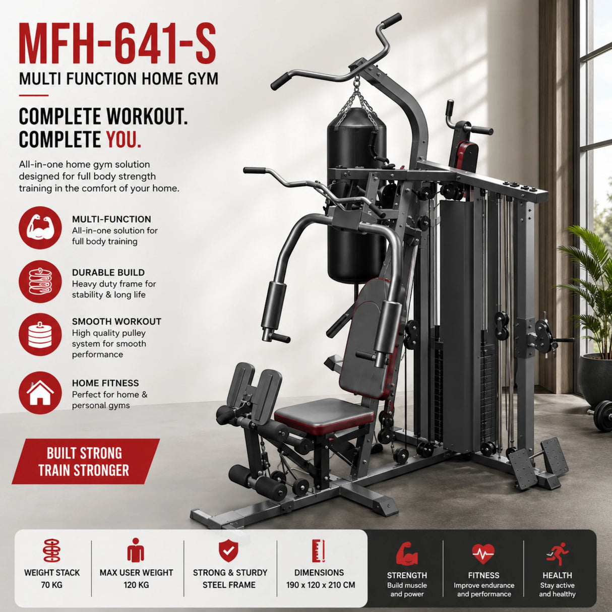 MFH-641-S Multi Function Home Gym Machine with Punching Bag & Weight Stack | All-in-One Fitness Station
