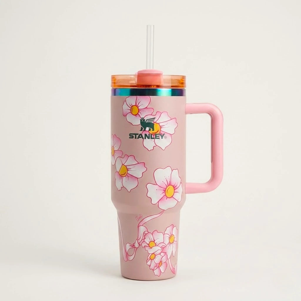 tumbler cup stainless steel pink cherry blossom floral print 1.18l 40oz china 09