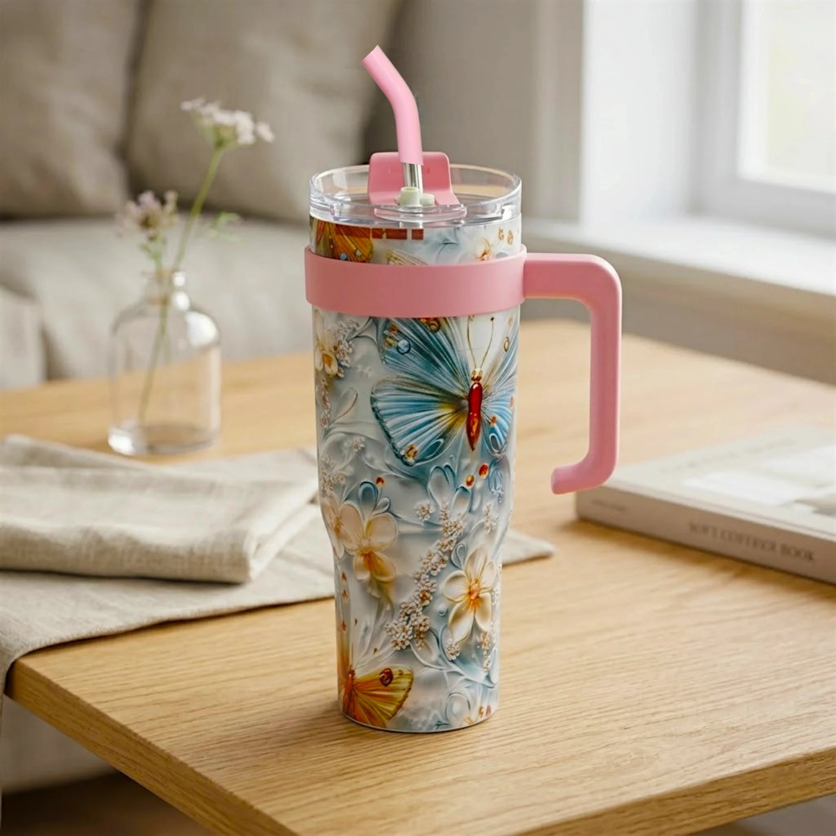 tumbler cup stainless steel multicolor 3d butterfly floral print 1.2l 40oz china 03-1200