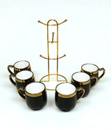 ceramic mug 6pc with metal stand black china 6818