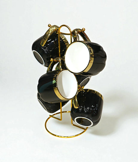 ceramic mug 6pc with metal stand black china 6818
