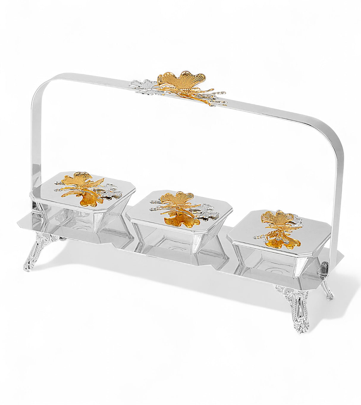 fancy glass bowl & lid 3pc with silver stand china 29030-3s