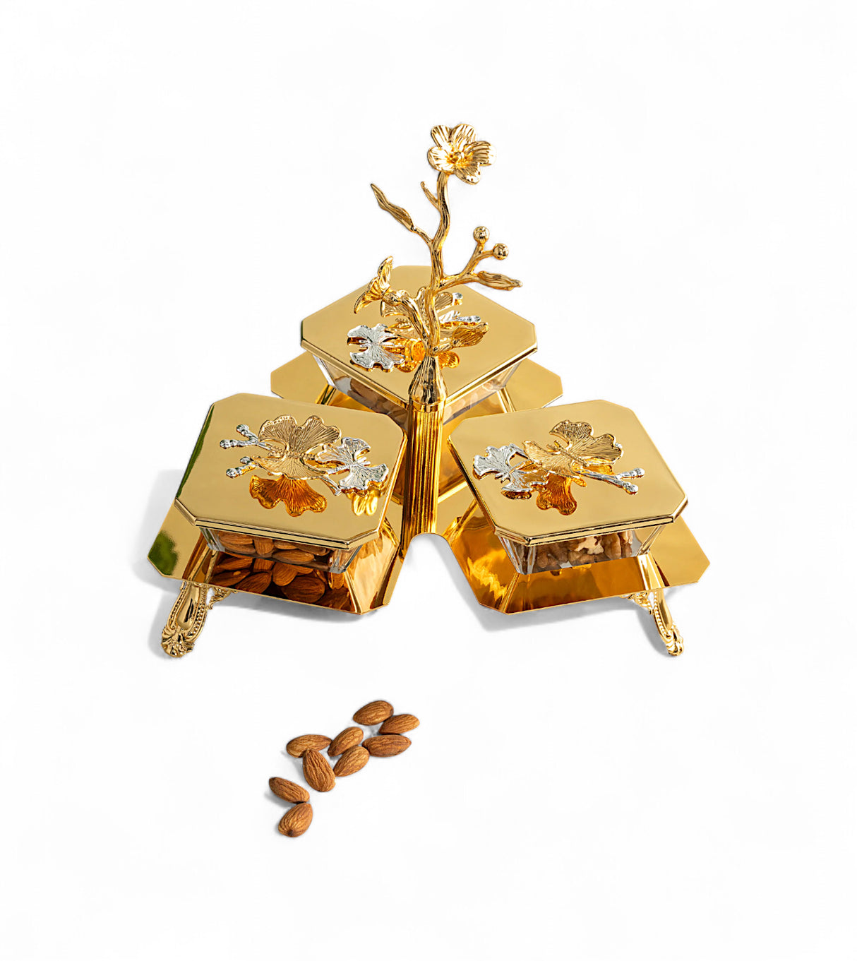 fancy glass bowl & lid 3pc with golden stand china 29029-3g